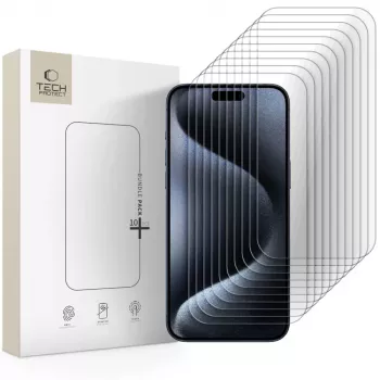 TECH-PROTECT Grūdinto stiklo ekrano apsauga 10 vnt. pakuotė, skirta Apple iPhone 15 Pro Max, skaidri