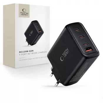 TECH-PROTECT NC120W-GAN 4 prievadų tinklo įkroviklis PD 120W / QC3.0 juodas