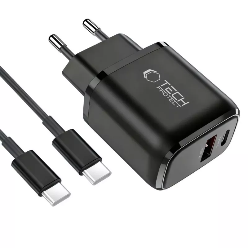 TECH-PROTECT NCA45W-GAN 2-Port Network Charger PD 45W / QC3.0 + Type-C Cable Black