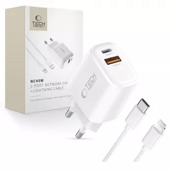 TECH-PROTECT NCA45W-GAN 2-Port Network Charger PD 45W / QC3.0 + Lightning Cable White