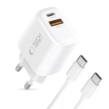 TECH-PROTECT NCA45W-GAN 2-Port Network Charger PD 45W / QC3.0 + Type-C Cable White