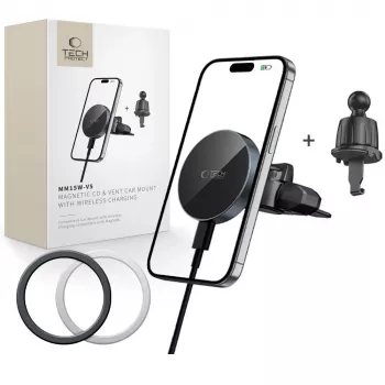 TECH-PROTECT MM15W-V5 Magnetinis MagSafe CD ir Oro Angos Automobilinis Laikiklis su Belaidžiu Įkrovikliu 15W Juodas