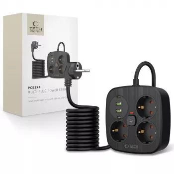 TECH-PROTECT PCS3X4 Leistukas su 2 USB ir 2 Type-C bei 3 Kištukiniais Lizdais 200cm Juodas