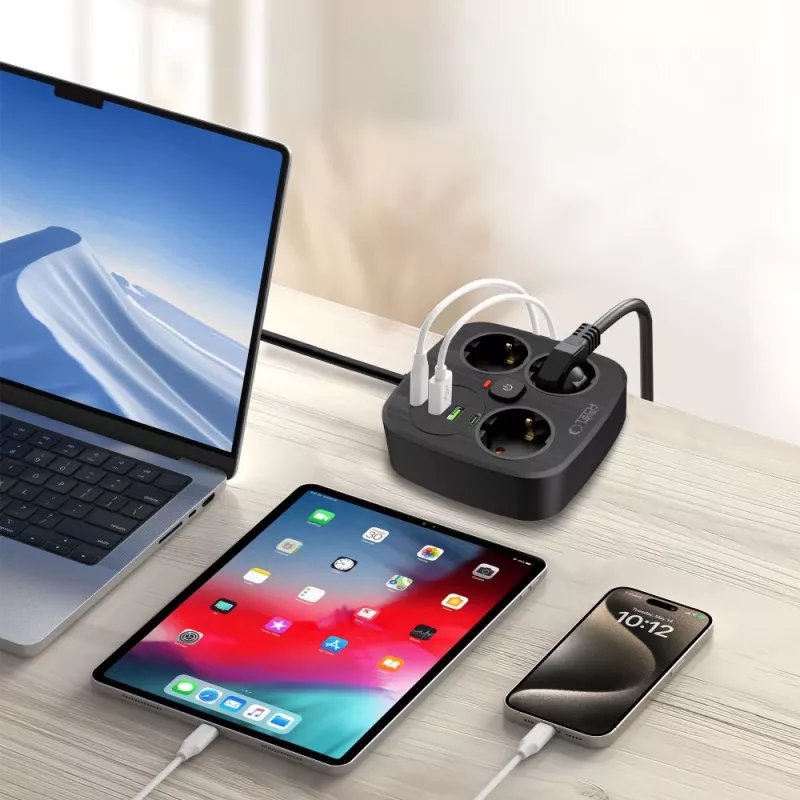TECH-PROTECT PCS3X4 Leistukas su 2 USB ir 2 Type-C bei 3 Kištukiniais Lizdais 200cm Juodas