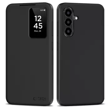 Tech-Protect Smart Wallet Case, Samsung Galaxy A56 5G, matinė juoda, PU oda, 3 kortelių lizdai, stovo funkcija, magnetinis užsegimas