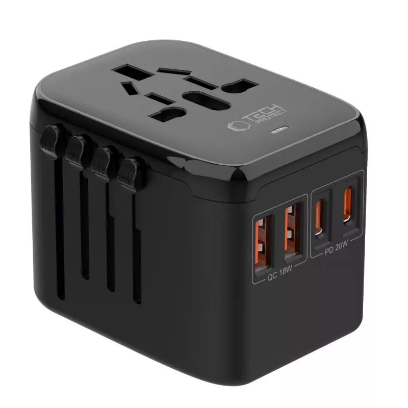 TECH-PROTECT TA200 Universalus kelioninis adapteris EU / UK / US / AU juodas