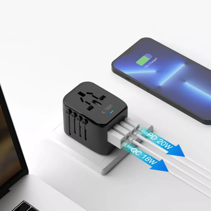 TECH-PROTECT TA200 Universalus kelioninis adapteris EU / UK / US / AU juodas
