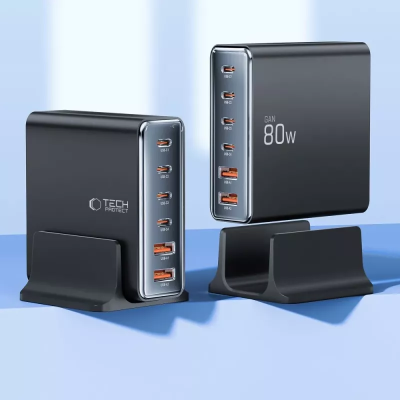 Tech-Protect DC80W-GAN 6-PORT GaN 80W USB-C Charger Black
