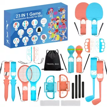 HURTEL Family Accessories Kit 23 in 1, skirta Nintendo Switch 2 – oranžinis ir mėlynas rinkinys