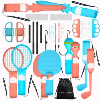 HURTEL Family Accessories Kit 23 in 1, skirta Nintendo Switch 2 – oranžinis ir mėlynas rinkinys
