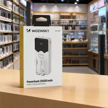 Powerbank Wozinsky WFC-15W 20000mAh 22.5W PD20W su įmontuotais Lightning ir USB-C kabeliais – balta