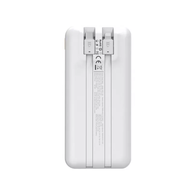 Powerbank Wozinsky WFC-15W 20000mAh 22.5W PD20W su įmontuotais Lightning ir USB-C kabeliais – balta