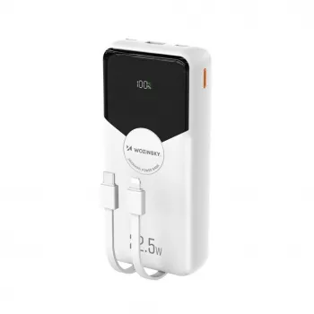 Powerbank Wozinsky WFC-15W 20000mAh 22.5W PD20W su įmontuotais Lightning ir USB-C kabeliais – balta