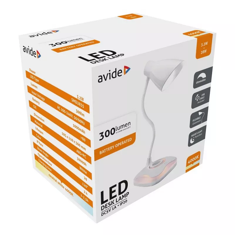 Avide LED stalinė lempa su naktine šviesa USB 3,2 W reguliuojamo ryškumo