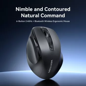 Vention KTMB0 Dual-Mode 2.4GHz + Bluetooth 5.1 belaidė optinė pelė, 6 mygtukai, 800-2400 DPI, juoda