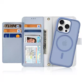 DUXDUCIS Lawa Leather Case for iPhone 16 Pro Max su nuimama magnetine pinigine – mėlyna