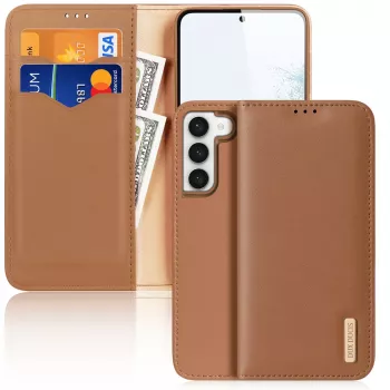 Dux Ducis Hivo Wallet Case, skirtas Samsung Galaxy S23+ su RFID blokavimu ir atramėle, ruda