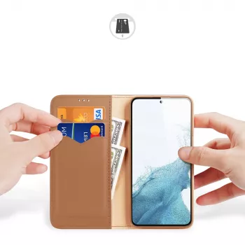 Dux Ducis Hivo Wallet Case, skirtas Samsung Galaxy S23+ su RFID blokavimu ir atramėle, ruda