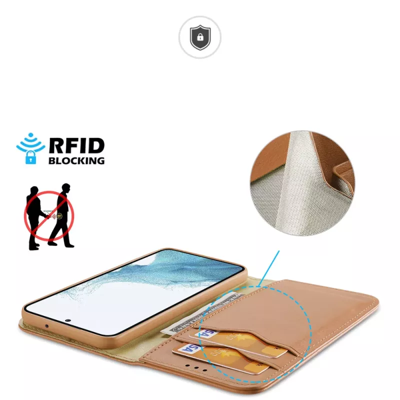 Dux Ducis Hivo Wallet Case, skirtas Samsung Galaxy S23+ su RFID blokavimu ir atramėle, ruda