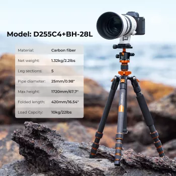 K&F Concept Carbon Fiber Tripod 172cm 10kg with Monopod D255C4+BH-28L KF09.093V2