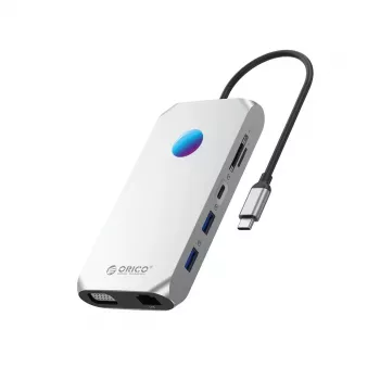ORICO XCR 12-in-1 USB-C Docking Station su RGB, 2x USB-A 3.1, 1x USB-A 2.0, 1x USB-C PD 100W, 1x USB-C 3.1, 2x HDMI 2.0 4K 60Hz, 1x VGA 1080p, 1x microSD/SD 3.0, 1x RJ45 Gigabit Ethernet, 1x Audio CTIA 3.5mm - Pilka