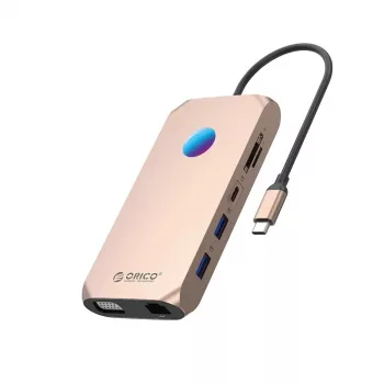 ORICO XCR 12-in-1 USB-C Dockavimo Stotelė su RGB, 2x USB-A 3.1, 1x USB-A 2.0, 1x USB-C PD 100W, 1x USB-C 3.1, 2x HDMI 2.0 4K 60Hz, 1x VGA 1080p, microSD/SD 3.0, RJ45 Gigabit Ethernet, 3.5mm Audio CTIA – Rožinis Auksas
