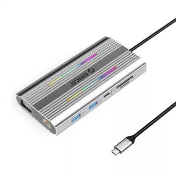 ORICO XCR 12-in-1 USB-C Docking Station su RGB, 3x USB-A, USB-C PD 100W, HDMI 4K, VGA, RJ45 Gigabit, SD/microSD kortelių skaitytuvu - sidabrinė