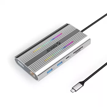 ORICO XDR 12-in-1 USB-C Docking Station su RGB, 2x HDMI 4K 60Hz, DisplayPort 4K 60Hz, RJ45 Gigabit, PD 100W, SD/microSD kortelių skaitytuvu - sidabrinė