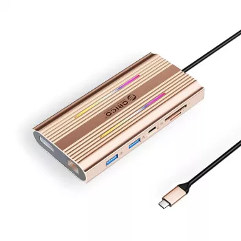 ORICO XDR 12-in-1 USB-C Docking Station su RGB, 2x HDMI 4K 60Hz, DisplayPort 4K 60Hz, Gigabit Ethernet, 100W PD, SD/microSD kortelių skaitytuvas - Rožinis auksas