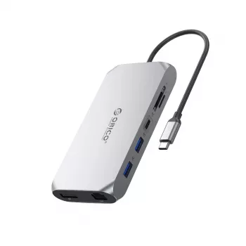 ORICO XCR 12-in-1 USB-C Dockavimo Stotelė 2x USB-A 3.1 1x USB-A 2.0 1x USB-C PD 100W 1x USB-C 3.1 2x HDMI 2.0 4K 60Hz 1x DisplayPort 1.4 4K 60Hz 1x SD 3.0 1x microSD 3.0 1x RJ45 Gigabit Ethernet 1x Audio CTIA 3.5mm - Pilka
