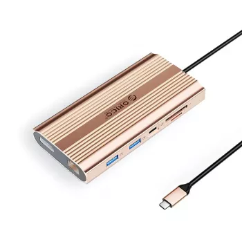 ORICO XDR 12-in-1 USB-C Docking Station su 2x HDMI 4K 60Hz, DisplayPort 4K 60Hz, Gigabit Ethernet, 100W PD, SD/MicroSD kortelių skaitytuvu – rožinis auksas