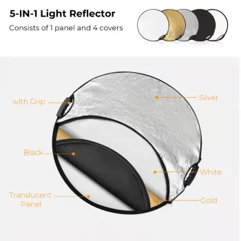 K&F Concept 5-in-1 Round Photography Reflector with Handle 80cm (32 inch) - Gold/Silver/White/Black/Translucent Diffuser