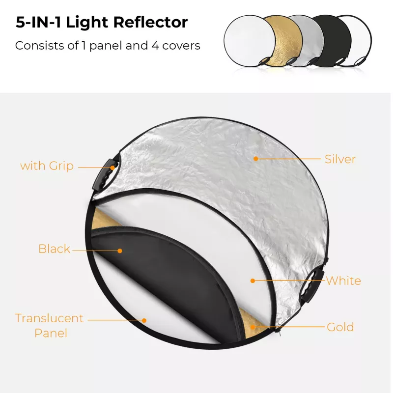 K&F Concept 5-in-1 Round Photography Reflector with Handle 80cm (32 inch) - Gold/Silver/White/Black/Translucent Diffuser