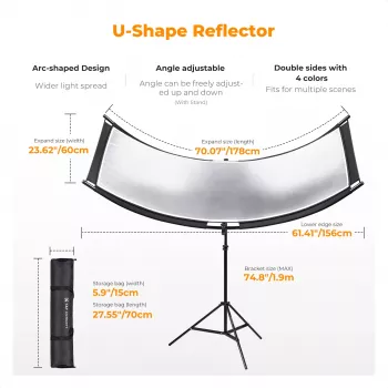 K&F Concept U-Shape 4-in-1 Curved Reflector 180x60cm su šviesos stovu ir nešiojimo krepšiu