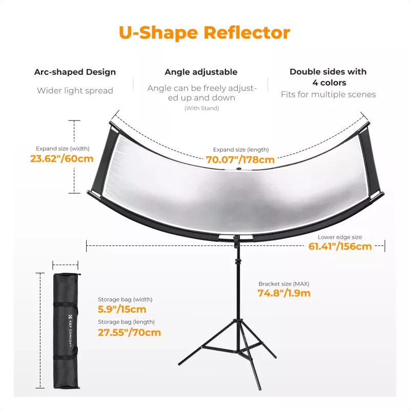 K&F Concept U-Shape 4-in-1 Curved Reflector 180x60cm su šviesos stovu ir nešiojimo krepšiu