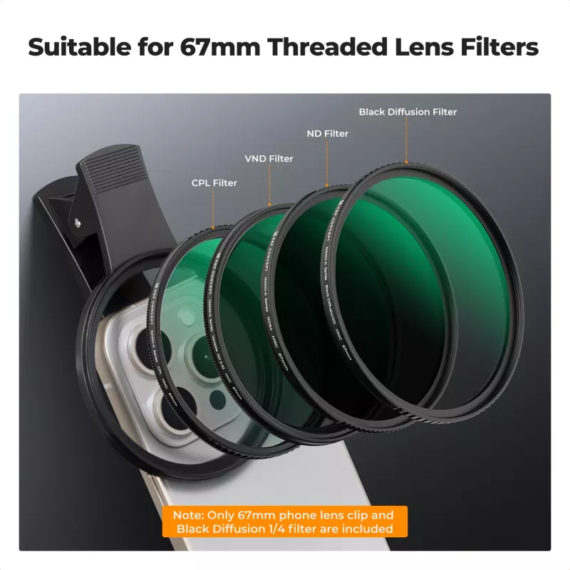 KF Black Diffusion 1/4 Filtras 67mm su Užsegamu Adapteriu išmaniajam telefonui