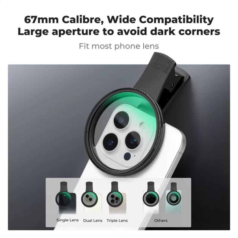 KF 2-in-1 Black Diffusion 1/4 + CPL Phone Filter Kit 67mm Clip-On