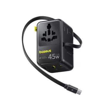 Baseus PicoGo AG11 45W 6-in-1 Universal Travel Adapter su įtraukiamu USB-C laidu – juoda