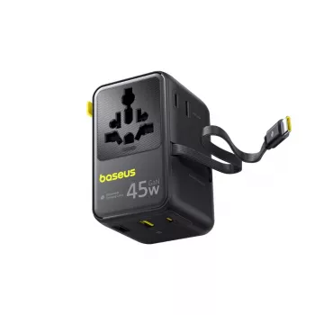 Baseus PicoGo AG11 45W 6-in-1 Universal Travel Adapter su įtraukiamu USB-C laidu – juoda