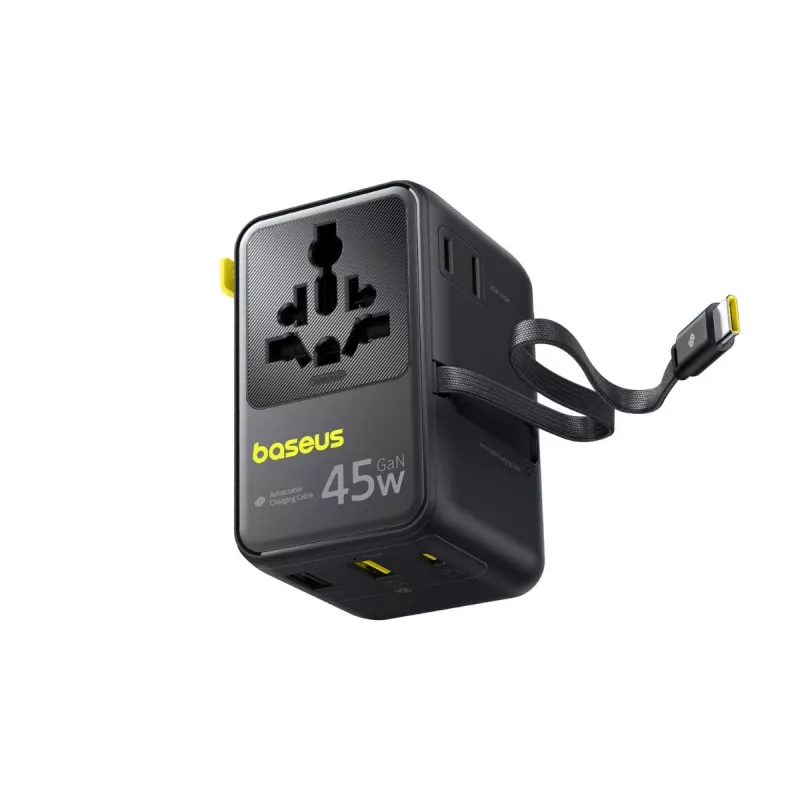 Baseus PicoGo AG11 45W 6-in-1 Universal Travel Adapter su įtraukiamu USB-C laidu – juoda