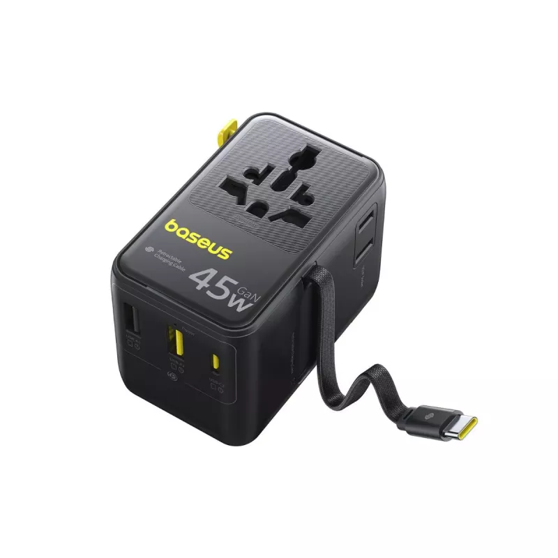 Baseus PicoGo AG11 45W 6-in-1 Universal Travel Adapter su įtraukiamu USB-C laidu – juoda