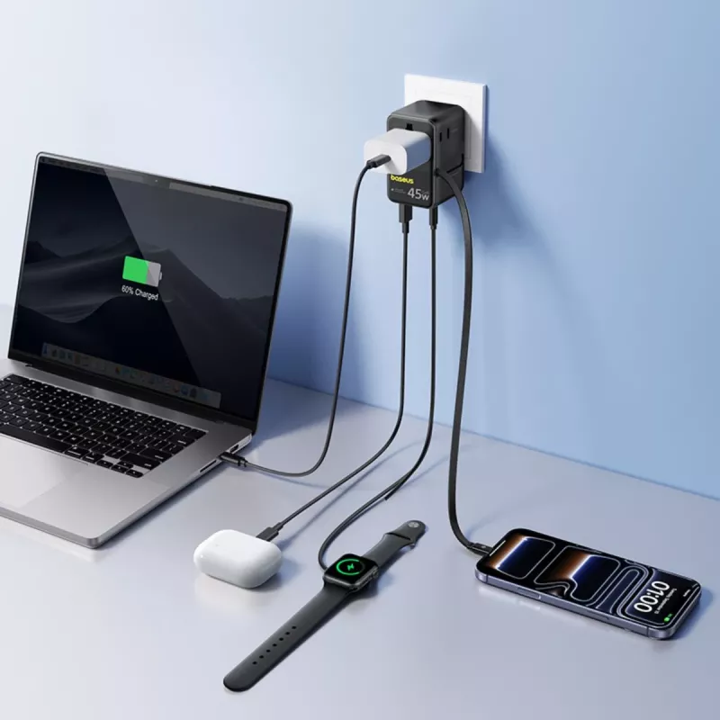 Baseus PicoGo AG11 45W 6-in-1 Universal Travel Adapter su įtraukiamu USB-C laidu – juoda