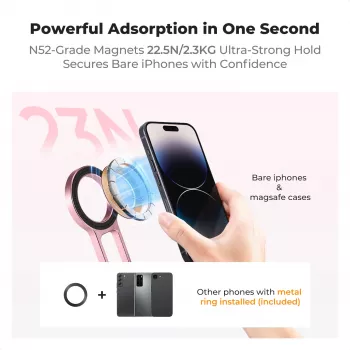 KF 3-in-1 Magnetinis telefono laikiklis – trikojis, rankena, stalinis stovas, skirtas iPhone MagSafe, rožinis