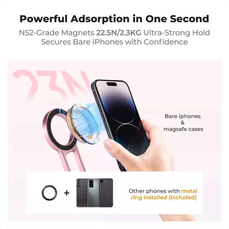 KF 3-in-1 Magnetinis telefono laikiklis – trikojis, rankena, stalinis stovas, skirtas iPhone MagSafe, rožinis