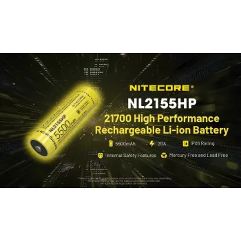 Nitecore NL2155HP 21700 Li-ion akumuliatorius 5500mAh 3,6V su apsauga ir iškilusiu teigiamu kontaktu