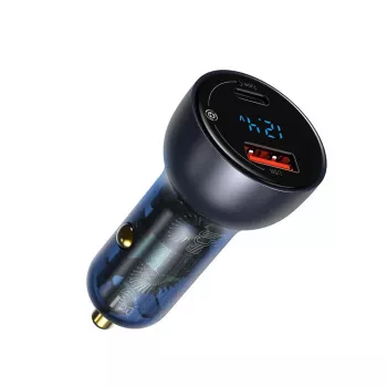 Baseus Particular Digital Display automobilinis įkroviklis, USB-C + USB-A, QC3.0+PD, 65 W, pilka