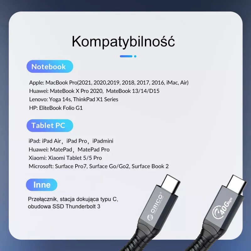 ORICO Thunderbolt 4 kabelis USB-C 40 Gbps 8K60Hz PD 100W 2m Juodas