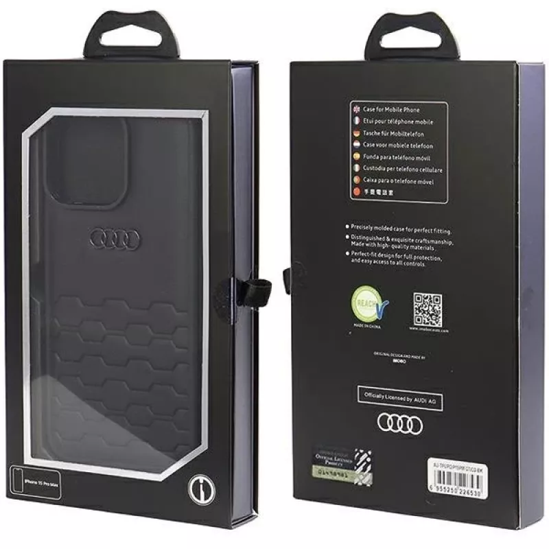 Audi GT Synthetic Leather Hard Case, skirta Apple iPhone 15 Pro Max 6,7 inch, juoda