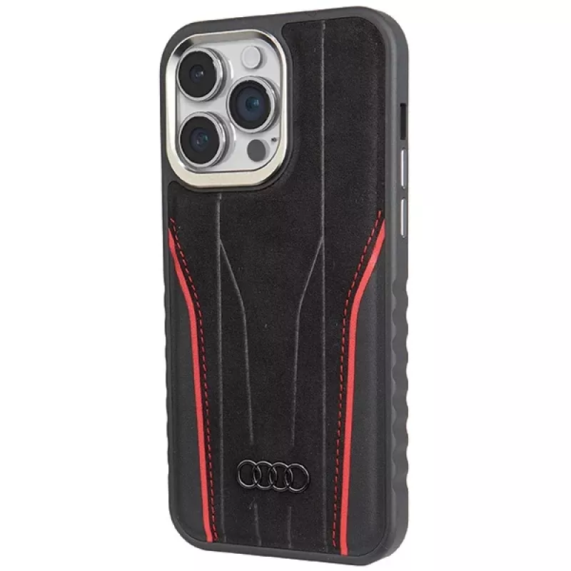 Audi Genuine Leather MagSafe iPhone 15 Pro Max 6.7 Black-Red Hardcase AU-TPUPCMIP15PM-R8/D3-RD