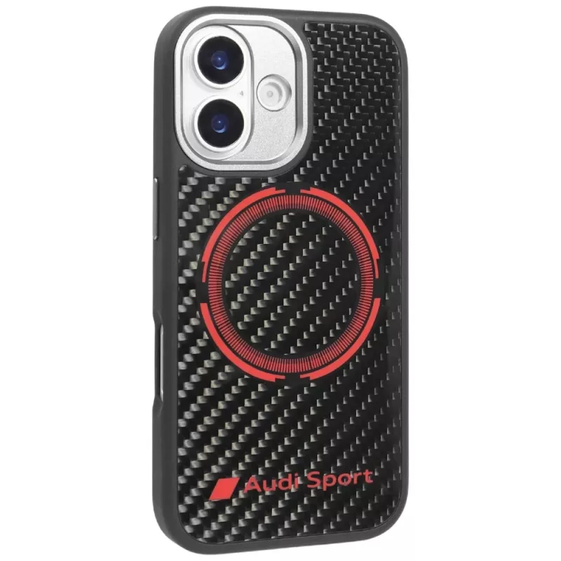 Audi RSQ Carbon Fiber Sport Red Circle MagSafe Case, iPhone 17, juoda